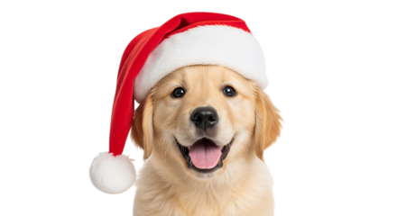 A cheerful Golden Retriever puppy embracing the Christmas spirit with a Santa hat against a on transparent background