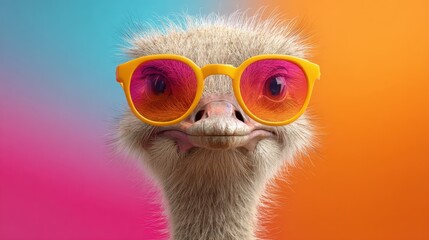 A fun ostrich showcases its personality with bright sunglasses in a colorful scene.