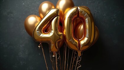 Gold number 40 foil balloons arranged on dark background. Shiny metallic decoration for birthday party anniversary celebration event milestone.