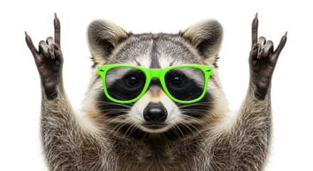 A cool raccoon rocking out with green glasses and making the rock on sign isolated against a on transparent background