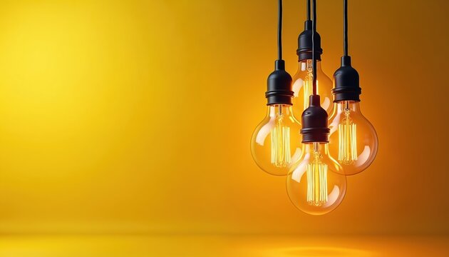 Retro lightbulbs illuminate backdrop. Clear glass lamps with shiny filaments hang on black cables. Concept for creativity inspiration solution bright idea energy innovation development progress - Powered by Adobe