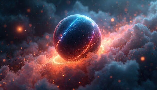 Glowing orb with neon lines floats in cosmic nebula clouds. Fiery particles surround sphere. Dark fantasy background with bright sparks, abstract digital art. - Powered by Adobe