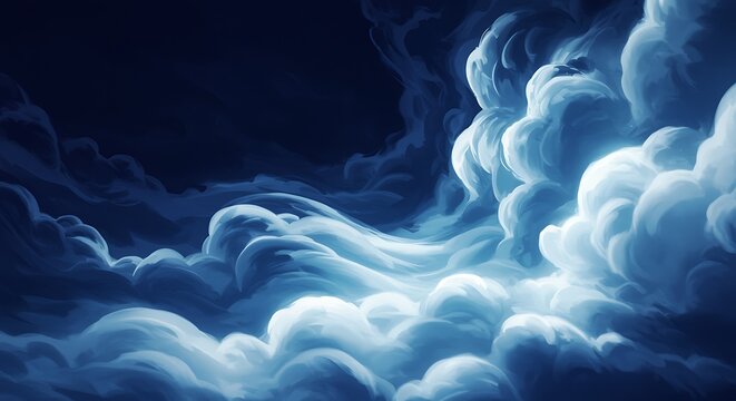 Dramatic cloudscape illustration with bright billowy clouds against dark blue sky