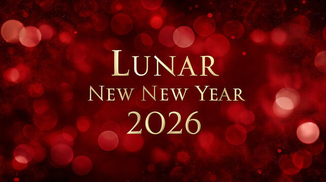Festive Lunar New Year 2026 celebration with red bokeh background.