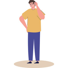 Fototapeta premium Puzzled man in a mustard yellow t-shirt and blue pants scratching his head with a confused expression on a white background