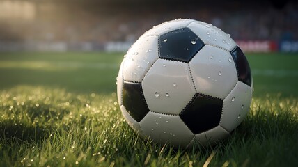 Soccer ball on green grass field for sports and play