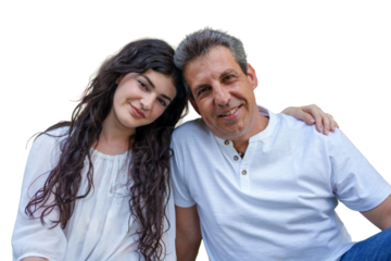 Father and adult daughter embracing and smiling at camera, close up portrait on transparent background showing warm family bond, affection, trust and joyful connection