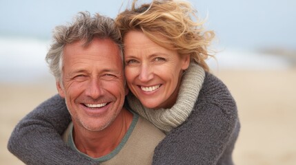 Fototapeta premium Two happy individuals embrace on a sandy beach as they enjoy a sunny day filled with love and joy.