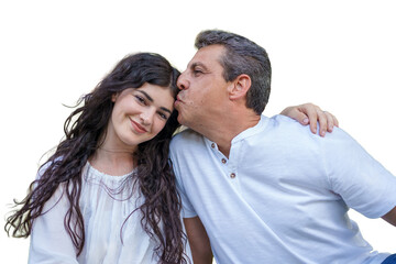Father expressing paternal love by kissing his young adult daughter's forehead, celebrating family bonds and emotional connection, presented on a transparent background