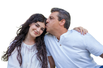 Father expressing paternal love by kissing his young adult daughter's forehead, celebrating family bonds and emotional connection, presented on a transparent background