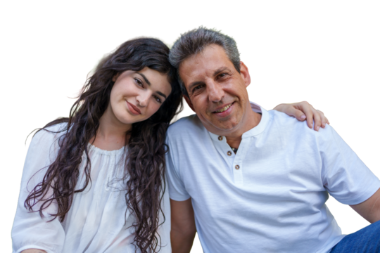 Father and adult daughter embracing and smiling at camera, close up portrait on transparent background showing warm family bond, affection, trust and joyful connection