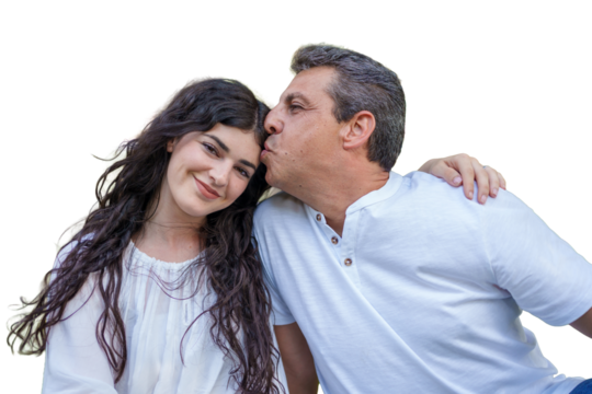 Father expressing paternal love by kissing his young adult daughter's forehead, celebrating family bonds and emotional connection, presented on a transparent background