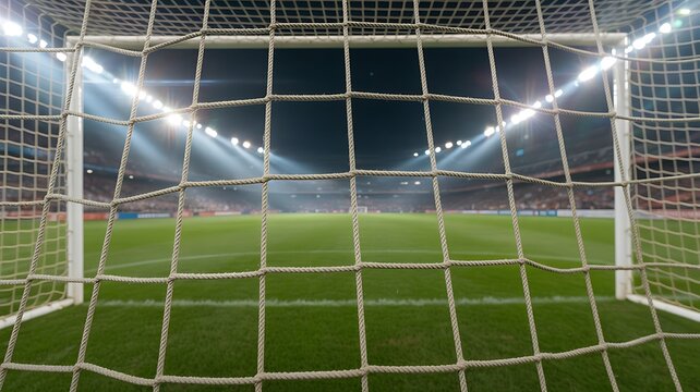 Soccer ball on green field in stadium with goal and net under blue sky