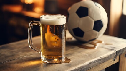 Glass of beer and mug of beer on wooden table with foam and golden liquid