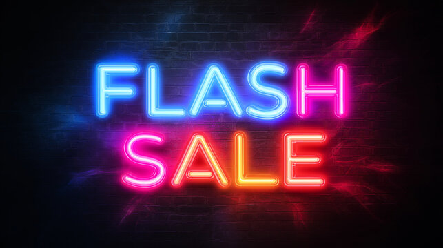 Bright Neon Flash Sale Sign on a Dark Brick Wall
