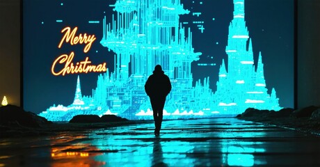 Silhouette walks toward bright cityscape. Festive message visible, reflecting on wet pavement. Dramatic lighting creates striking visual.