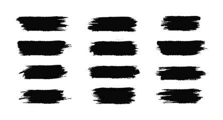 Set of twelve black grunge paint brush strokes and smears for artistic design element vector illustration
