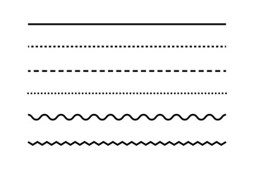 Set of various simple black line styles including solid, dotted, dashed, wavy, and zigzag dividers vector illustration