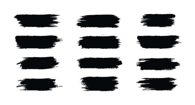 Set of twelve black grunge paint brush strokes and smears for artistic design element vector illustration