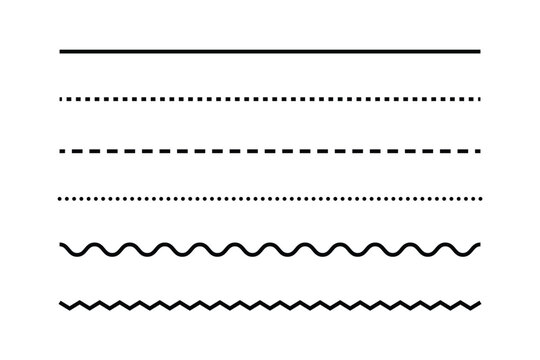 Set of various simple black line styles including solid, dotted, dashed, wavy, and zigzag dividers vector illustration