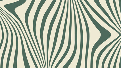 Abstract simple seamless pattern with wavy vertical stripes in dark green and beige, creating a retro psychedelic optical illusion background texture vector illustration