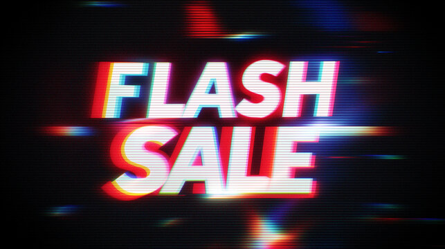 Vibrant Flash Sale Promotion with Glitch Effects on Dark Backdrop