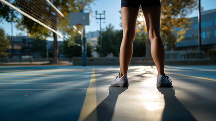 Partial body silhouette with crystal clear lower athletic positioning on volleyball court surface, with copy space