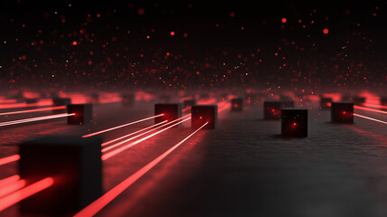 Abstract Dark Cubes Glowing Red Lasers with Red Dust Particle Atmosphere