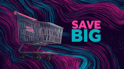 Vibrant Shopping Cart Illustration: Save Big Promotion on Colorful Abstract Background