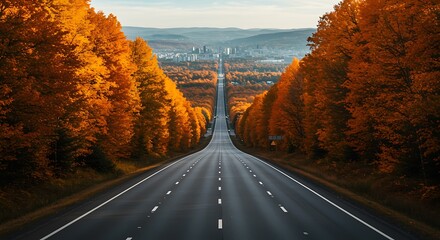 Scenic Autumn Road Leading to Distant City Skyline in Nature