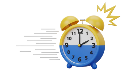 A vibrant blue and yellow alarm clock announces the start of a new day with energy signalling on transparent background