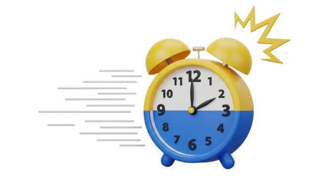 A vibrant blue and yellow alarm clock announces the start of a new day with energy signalling on transparent background