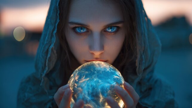 A young person in a hooded cloak holds a shimmering orb their piercing blue eyes reflecting magic.