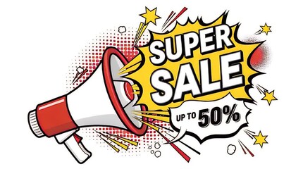 Comic book style image with megaphone, speech bubble, and "Super Sale" text - Powered by Adobe