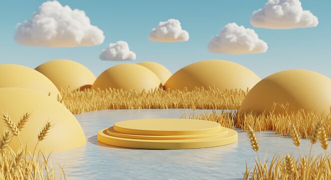 Surreal wheat field scene with podium and fluffy clouds background - Powered by Adobe