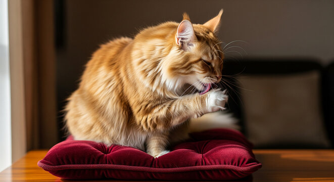 Majestic long-haired ginger cat grooming paw on a red cushion.
A beautiful, long-haired orange tabby cat is captured in a classic grooming posture, meticulously licking its paw while seated regally