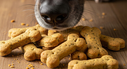 Curious dog's nose sniffing a large pile of bone-shaped treats.
A fun, close-up, low-angle perspective showcasing a dog's wet, black nose and muzzle descending towards a generous pile of golden