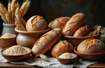 Art photo of assorted breads with grains. Baked bread loaves and wheat in bowls are on table. Bakery concept with various rustic bread types.