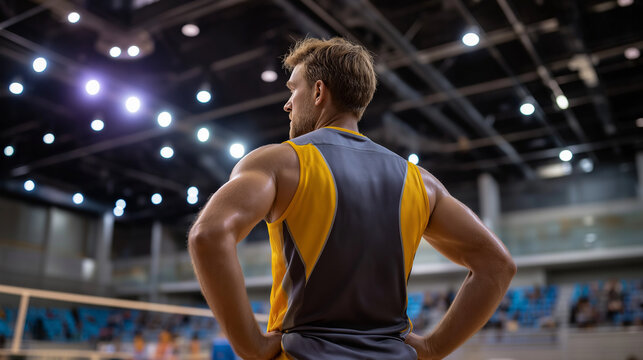Back view of athlete's shoulders and body framing focused court position during competitive volleyball match, with copy space
