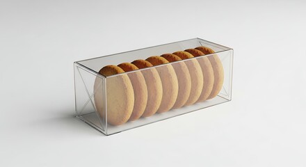 Clear Rectangular Box with Cookies on White Background.