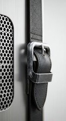 Close-up of a black leather strap with a silver buckle, showcasing its texture and design.