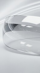 Close-up of a clear glass petri dish with a liquid solution, on a white background, highlighting scientific research and laboratory work.