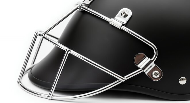 Close-up of a black cricket helmet with a metal grille, isolated on a white background, showcasing protective sports gear. - Powered by Adobe
