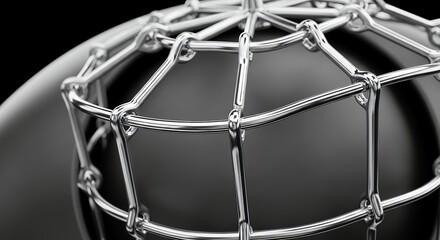 Close-up of a metallic cage structure, showcasing intricate details and reflections in a monochromatic setting.