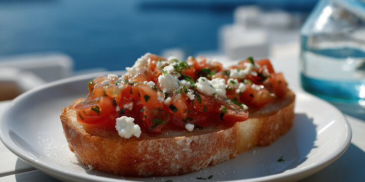 Fresh bruschetta topped with tomatoes and feta creates appetizing Mediterranean meal.
