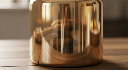 Close-up of a shiny golden object reflecting its surroundings on a wooden surface, creating an abstract and intriguing visual.