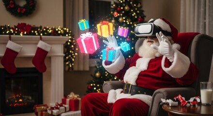 Santa Claus wearing virtual reality headset opening holographic Christmas gifts. Immersive metaverse experience on Christmas holiday. Modern festive technology.