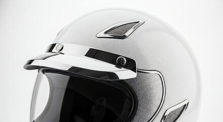 Close-up of a sleek, modern white motorcycle helmet with a dark visor, isolated on a clean background, emphasizing safety and style.