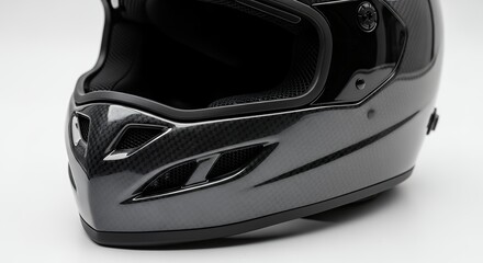Close-up of a sleek black motorcycle helmet with a glossy finish, showcasing its protective design and modern aesthetic.