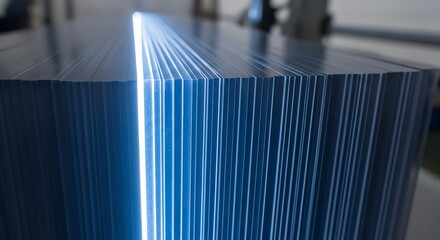Close-up of a stack of blue-edged papers, creating a striking visual effect with light reflecting off the edges.